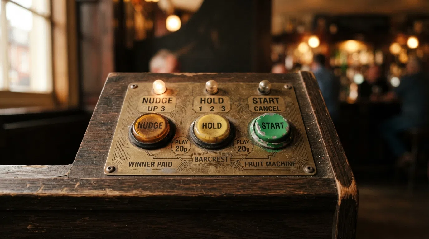 A close-up of a vintage Barcrest-style fruit machine button panel showing Nudge, Hold and Start controls with worn brass detailing