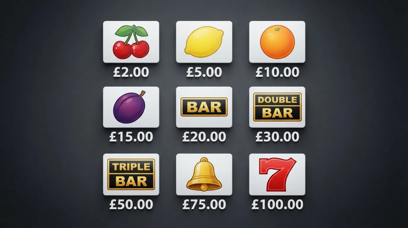 The core classic slot symbol set arranged in rows: cherries, lemons, oranges, plums, BAR logos, bells, and red sevens, each with a sample payout below it