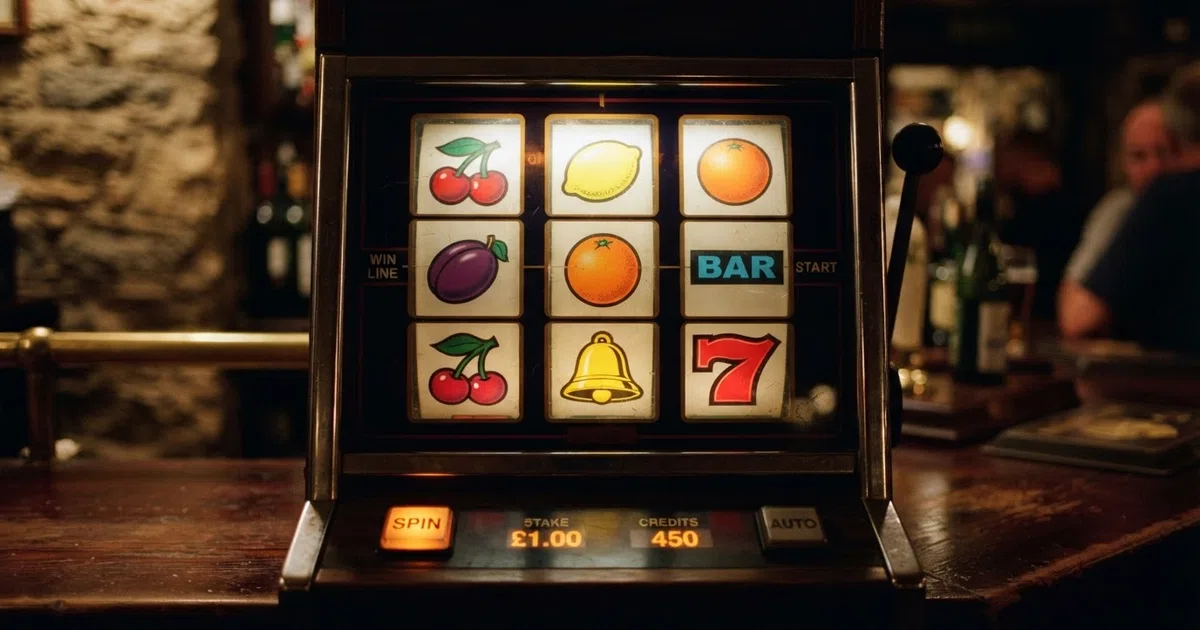 A three-reel classic slot grid showing fruit symbols, a red seven, and BAR icons on the payline, with the spin button and stake display visible