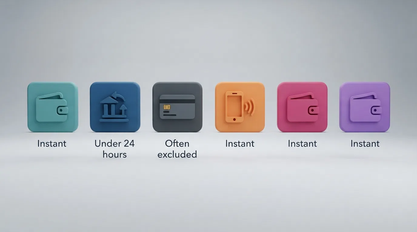 Six payment-method icons — PayPal, Skrill, Neteller, Trustly, debit card and Apple Pay — side by side with a deposit-speed and bonus-eligibility label under each one