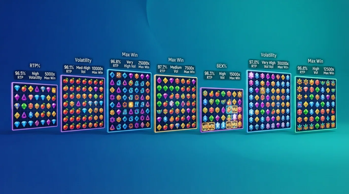 The seven featured cluster pays slot titles displayed side by side with their RTP percentages, volatility ratings and maximum win multipliers