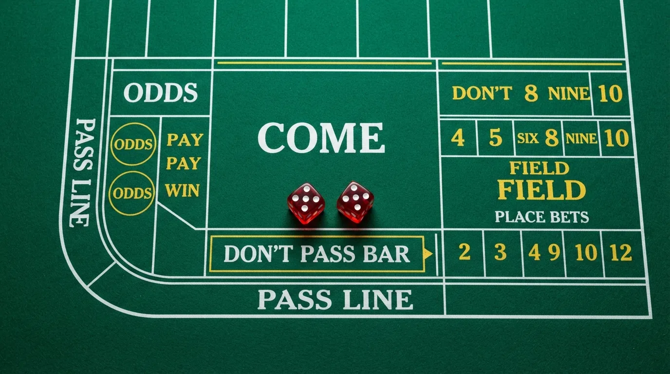 A close-up of a craps table betting felt with the Pass Line, Don't Pass and Come bet areas clearly labelled, two red dice sitting on the layout