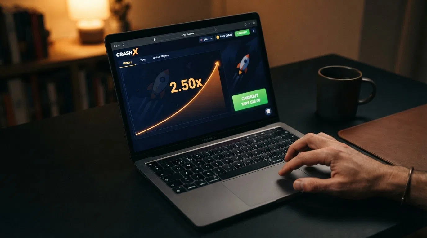 A crash-game interface mid-round with a rising multiplier line and a cash-out button, over a dark gaming background with a Bitcoin denomination label
