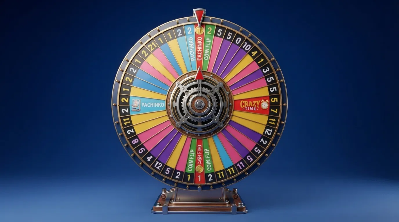 The Crazy Time money wheel in its studio setting, showing 54 coloured segments with numbered and bonus-round markers