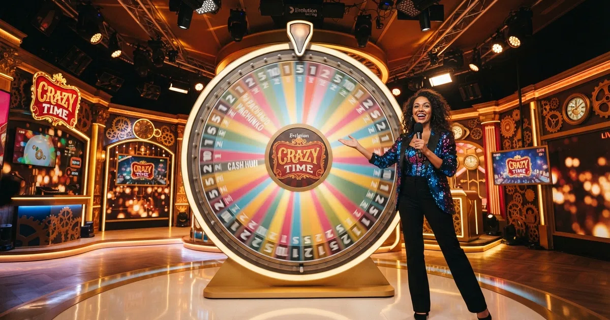 A live dealer stands beside Evolution Gaming's illuminated Crazy Time money wheel in a TV-style studio, the 54-segment wheel displaying number bets and bonus game trigger segments