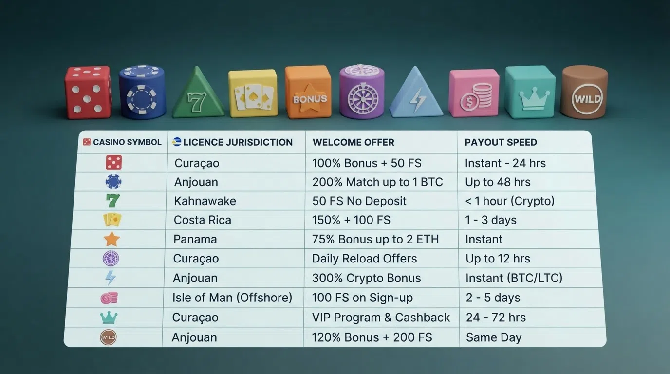 A row of crypto casino brand logos arranged above a simplified comparison table showing columns for licence, welcome offer and payout speed