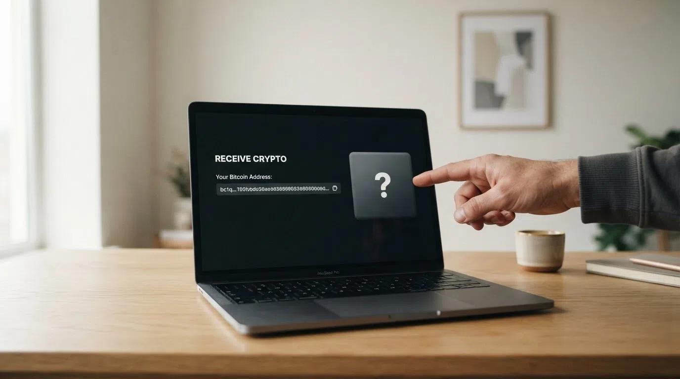 A cryptocurrency wallet interface showing a deposit address beside an ID document marked with a question mark