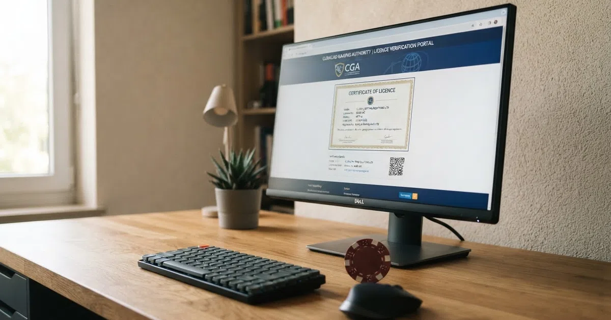 A desktop browser window displaying the CGA licence verification portal cert.cga.cw with a mock licence certificate visible on screen, set against a neutral background