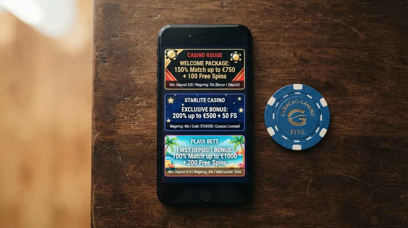 A stylised screenshot of three welcome-bonus promotional panels from different Curacao-licensed casinos, each showing its match percentage, free-spin count and wagering multiple