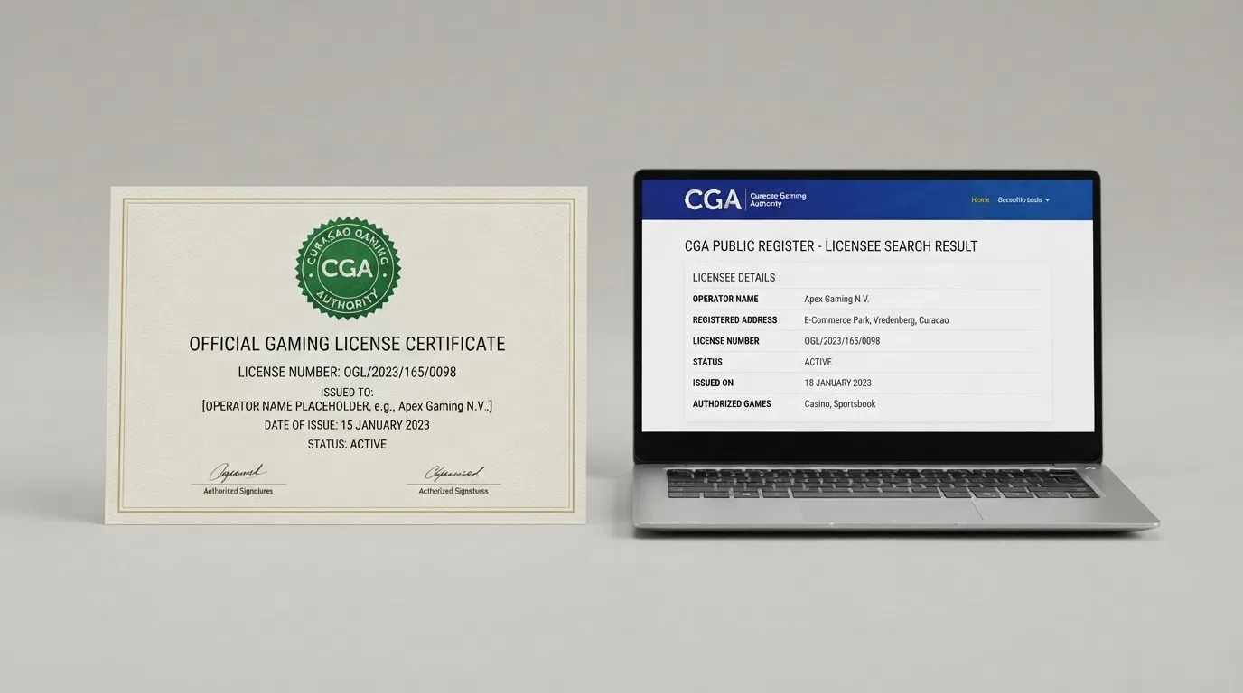 A close-up of a Curacao gaming licence certificate showing the OGL/YYYY/NNN/NNNN format number and the green CGA seal, placed beside a UK Gambling Commission public register search result