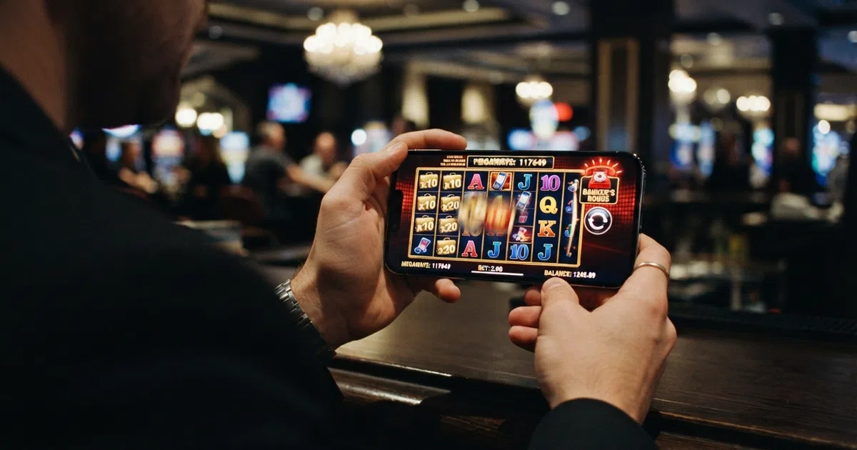 A smartphone held in landscape orientation displaying a Deal or No Deal Megaways slot screen — cascading reels mid-spin, the red Banker's telephone icon visible in the corner, and the branded briefcase symbols on the reels against a dark casino-lobby background