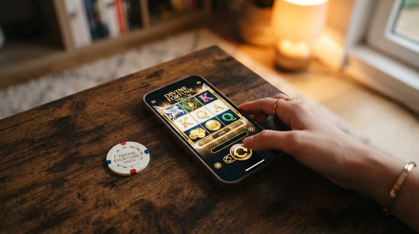 Divine Fortune Touch running on a smartphone held in portrait orientation, showing the adaptive spin button repositioned for thumb reach and the same pegasus-and-greek-mythology theme as the desktop version