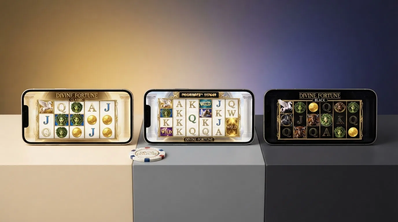 Side-by-side screenshots of the three Divine Fortune slot variants — classic (pegasus theme, 5×3 grid), Megaways (six-reel layout with the Megaways counter) and Black (dark-themed 5×3 with higher-volatility symbols)
