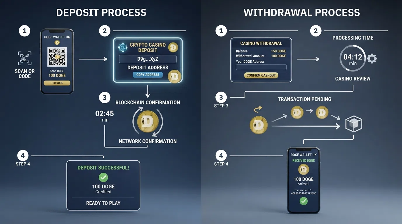 A split-screen diagram showing the Dogecoin deposit flow on one side (wallet QR code → casino address → blockchain confirmation) and the withdrawal flow on the other (cashout request → casino processing → DOGE arriving in wallet) with approximate times at each step