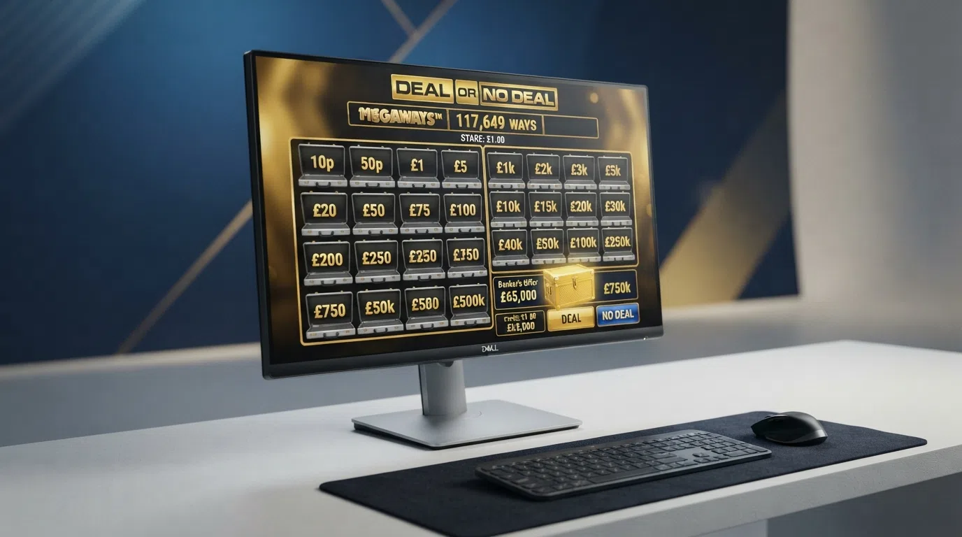 The Deal or No Deal Megaways bonus-round screen — the Golden Box briefcase selection grid open on a desktop display, with the progressive Jackpot King counter and the Megaways win-ways panel visible above the reels
