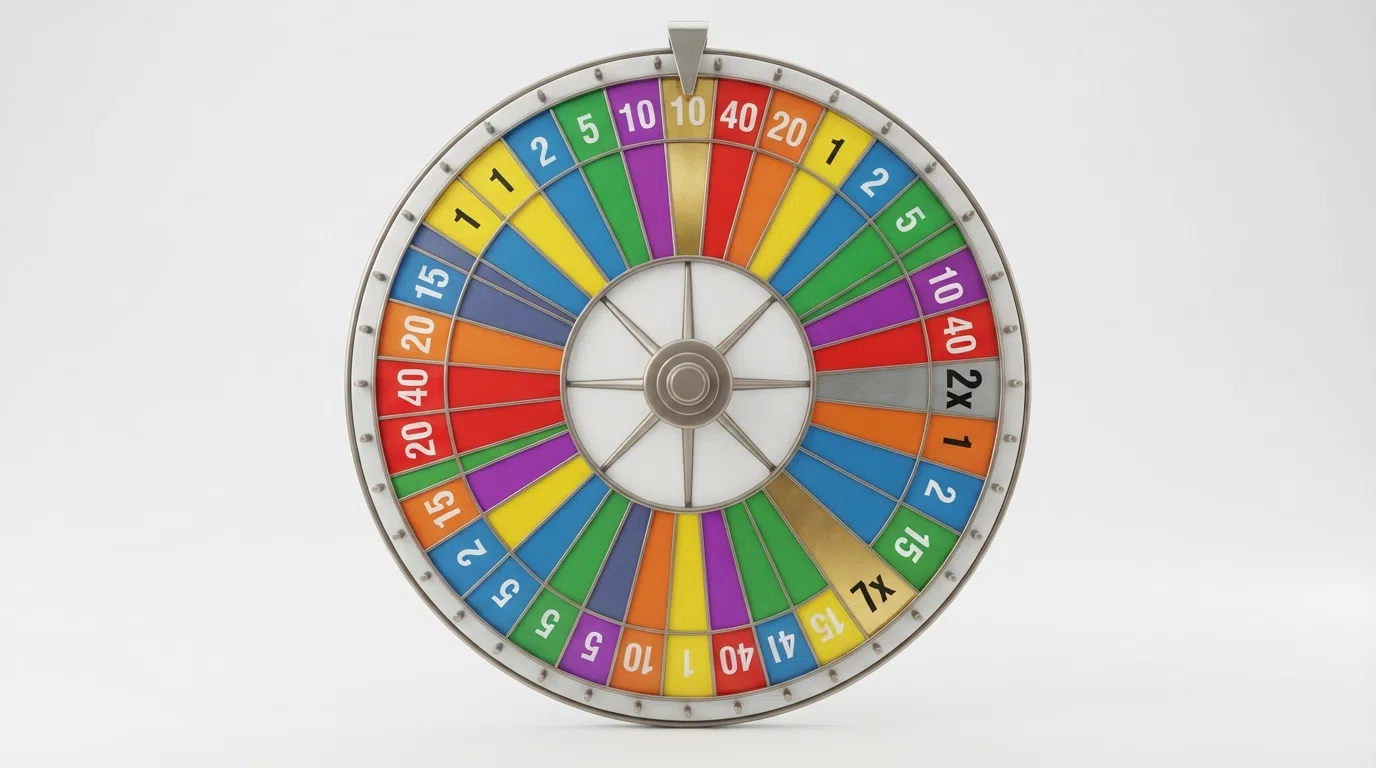 A close-up of the Dream Catcher wheel face showing the distribution of number segments — 1, 2, 5, 10, 20 and 40 — alongside the silver 2x and gold 7x multiplier segments, with the flapper visible at the top
