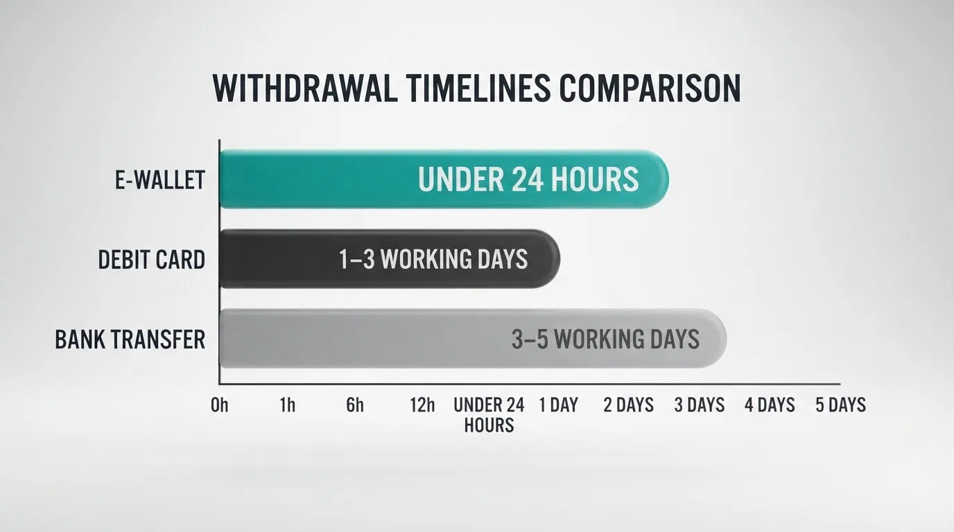 A side-by-side visual comparing e-wallet, debit card and bank transfer withdrawal timelines on a timeline graphic, with the e-wallet bar ending at under 24 hours