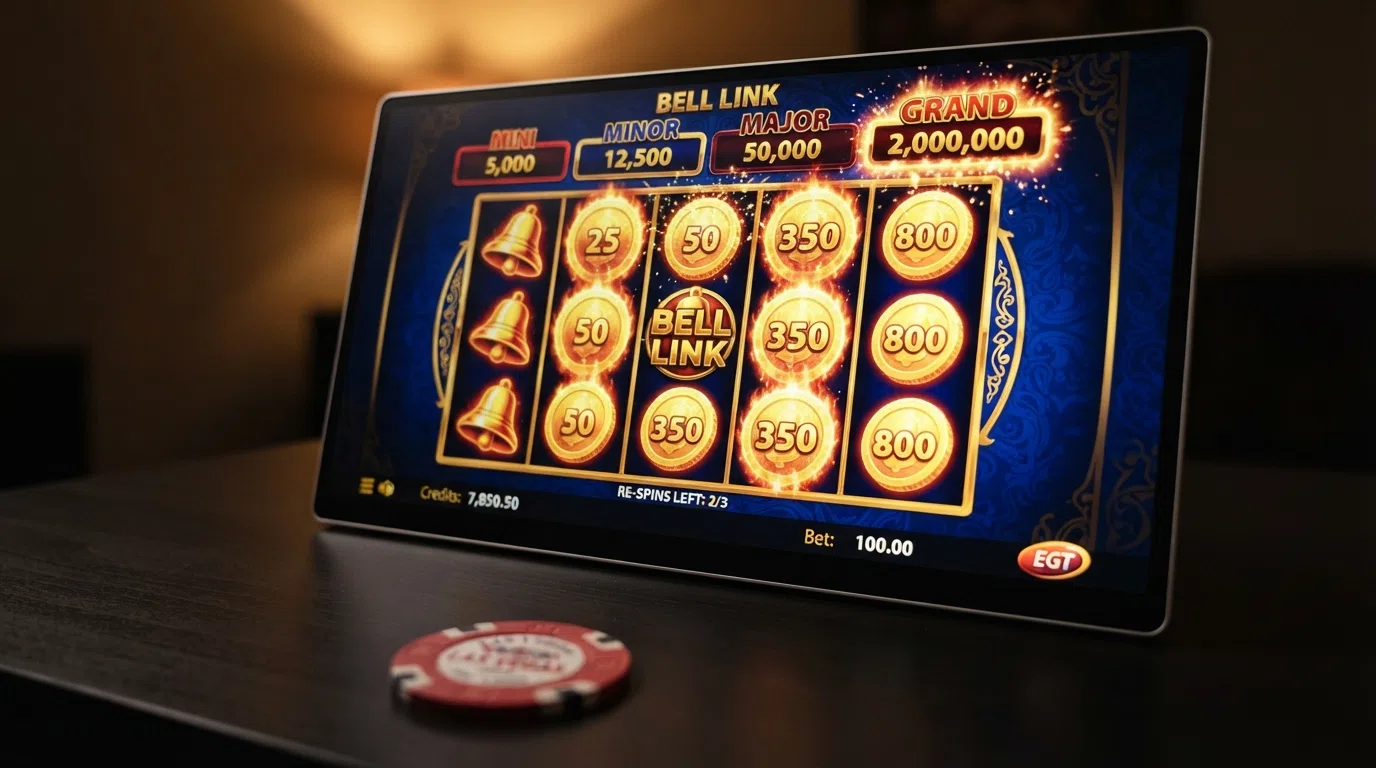 Bell Link jackpot bonus game screen on an EGT slot with the Hold and Win mechanic active and four jackpot levels displayed