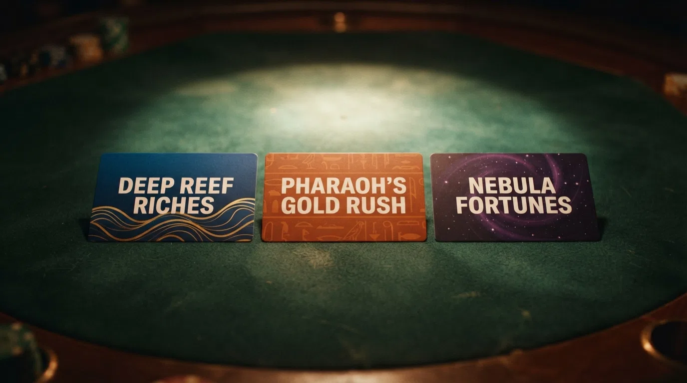 The title cards of Big Bass Bonanza, Book of Dead and Starburst arranged in a row on a dark background with their RTP percentages beneath each title
