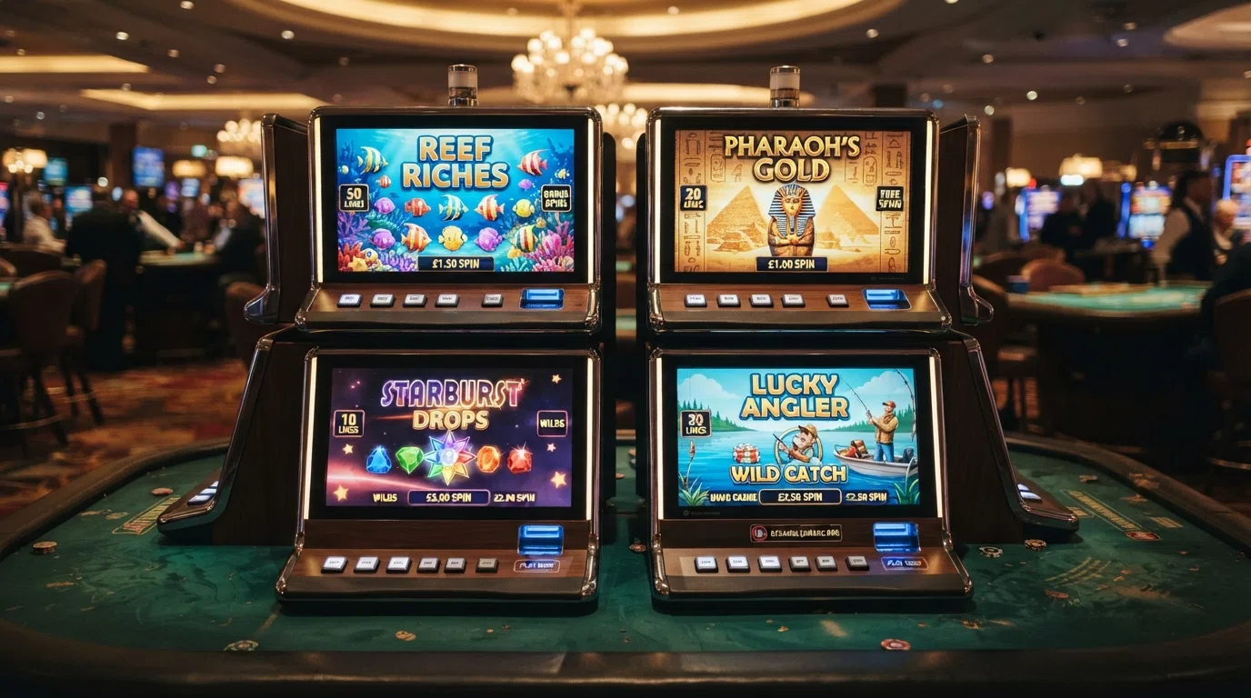 Four slot game title screens — Big Bass Splash, Big Bass Bonanza, Book of Dead and Starburst — arranged in a grid