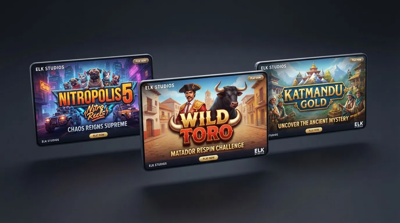 A grid of three ELK Studios slot title cards — Wild Toro, Nitropolis 5 and Katmandu Gold — arranged on a casino-lobby-style dark background