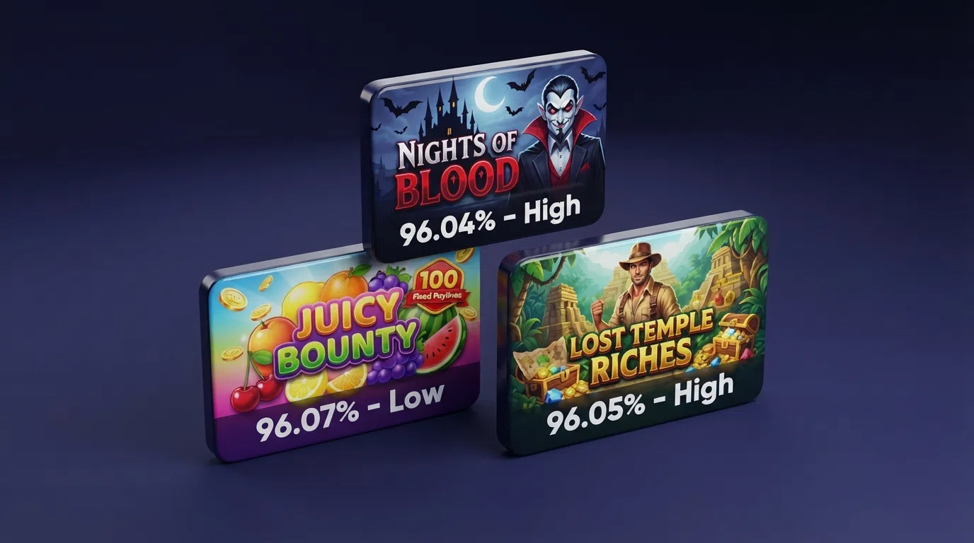 Three Endorphina slot screens — Book of Vlad, Hell Hot 100 and Mystery of Eldorado — with the RTP percentage and volatility label overlaid on each title card