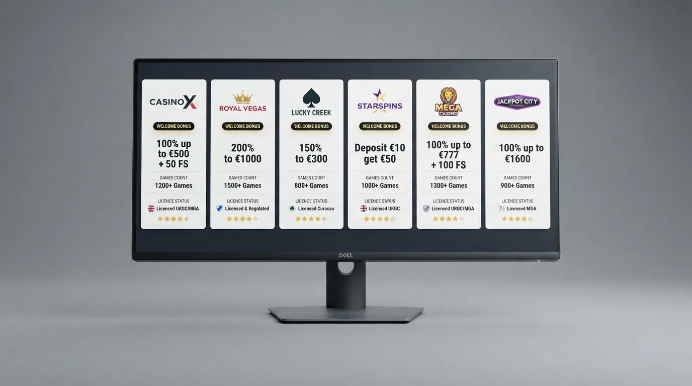 A clean side-by-side visual of casino brand cards, each showing a welcome-bonus badge, game-count figure and licence-status indicator, arranged across a desktop screen