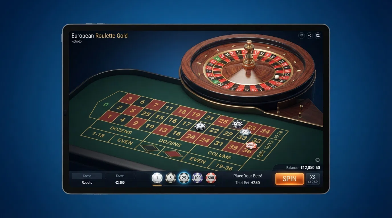 The on-screen interface of an RNG European roulette game showing the betting grid, the virtual wheel and chip selection, with the Microgaming Gold Series branding