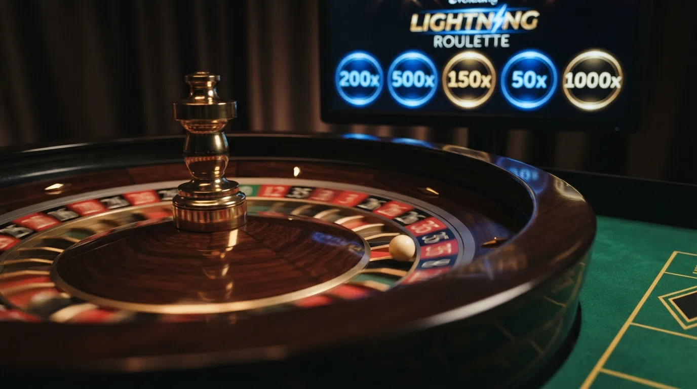 A close-up of an Evolution Gaming Lightning Roulette wheel mid-spin, with illuminated lightning-bolt multiplier numbers glowing on the display screen above the wheel