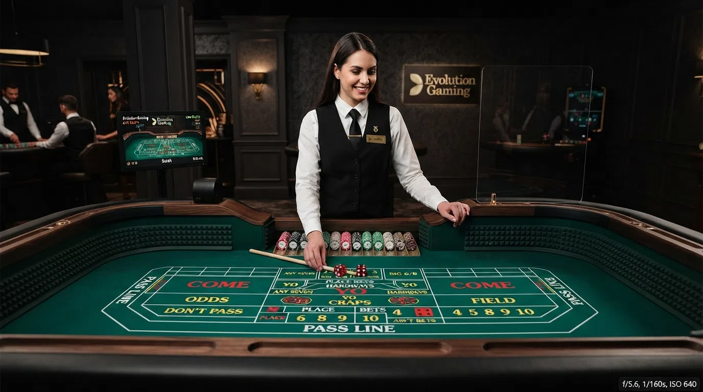 A still from Evolution Gaming's live-dealer craps studio, showing the custom-built table with a dealer in shirt and waistcoat under speakeasy-style lighting, dice in mid-roll across the green felt