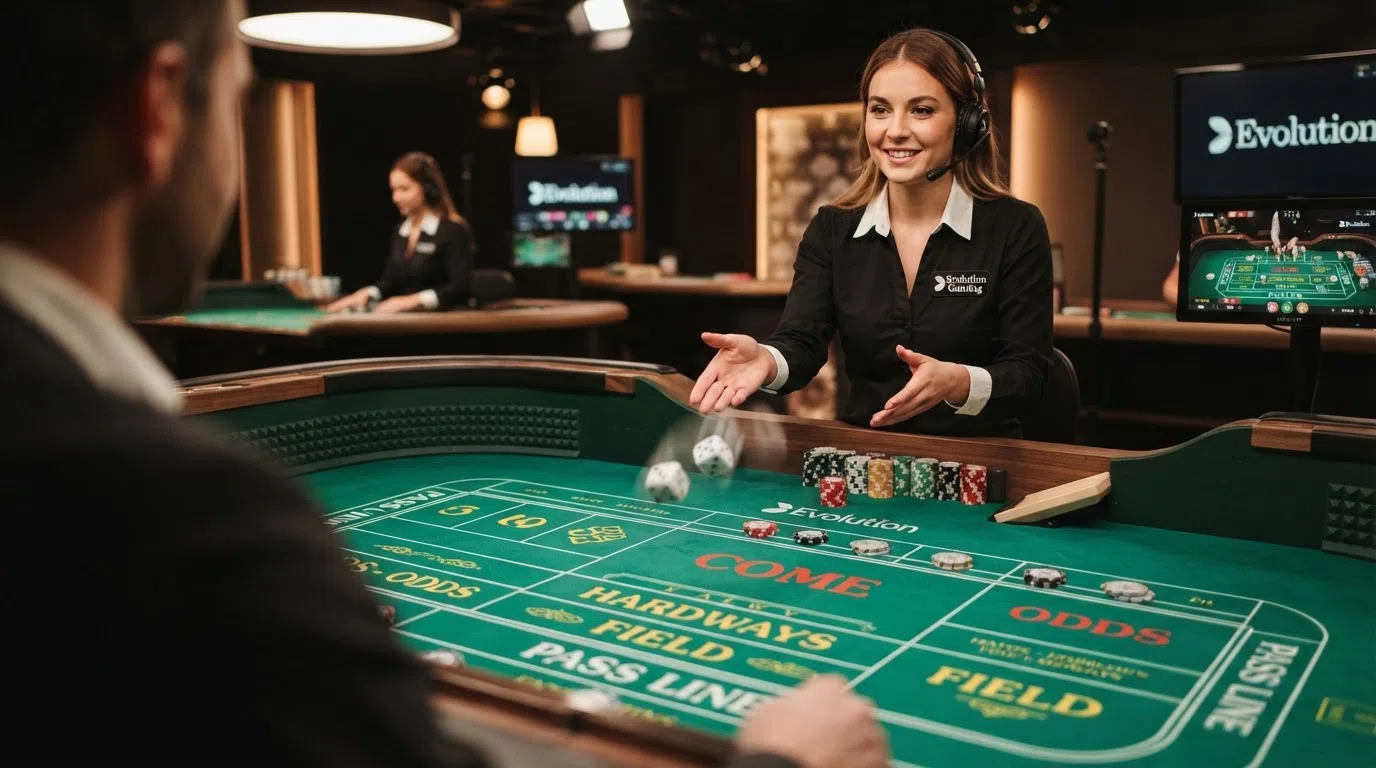 A still frame from an Evolution Live Craps stream showing a real craps table with a dealer in studio lighting, the betting interface overlaid on screen
