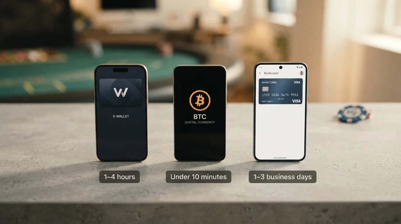 Side-by-side arrangement of e-wallet, cryptocurrency and debit card logos on a smartphone screen with speed labels beneath each