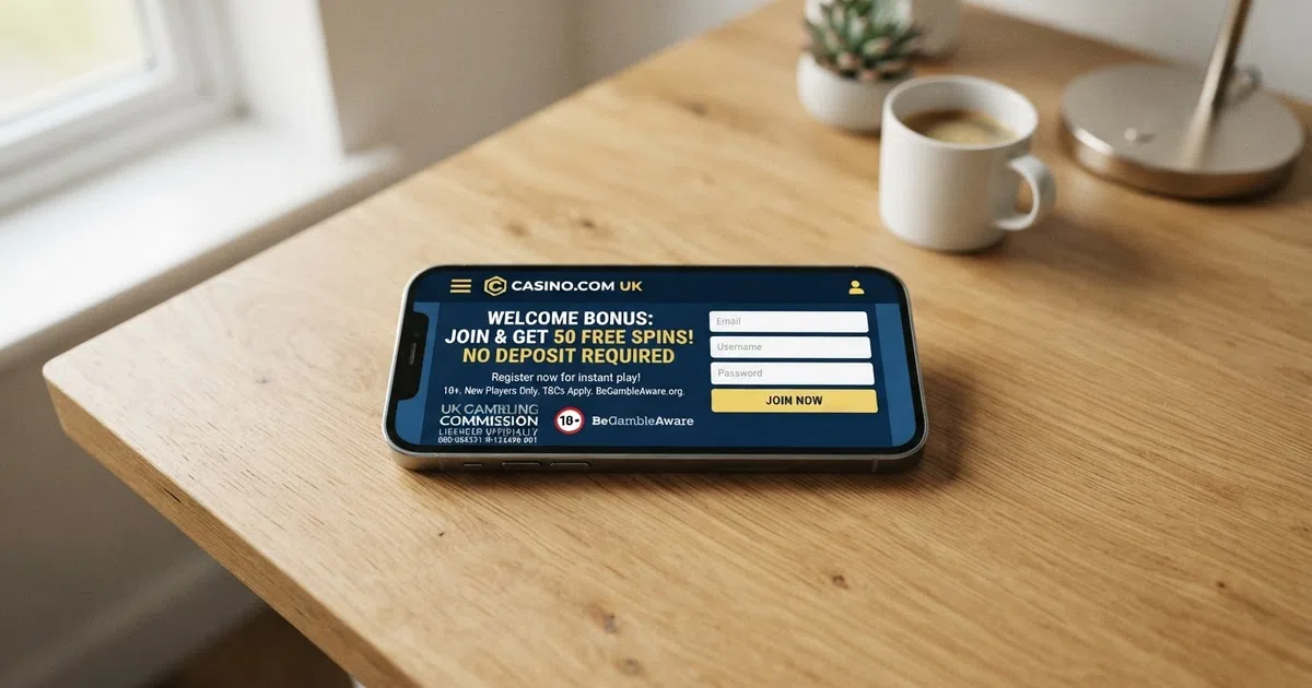 A smartphone screen displaying a UK-licensed online casino registration page with a no-deposit free-spins bonus banner, set against a clean desk background