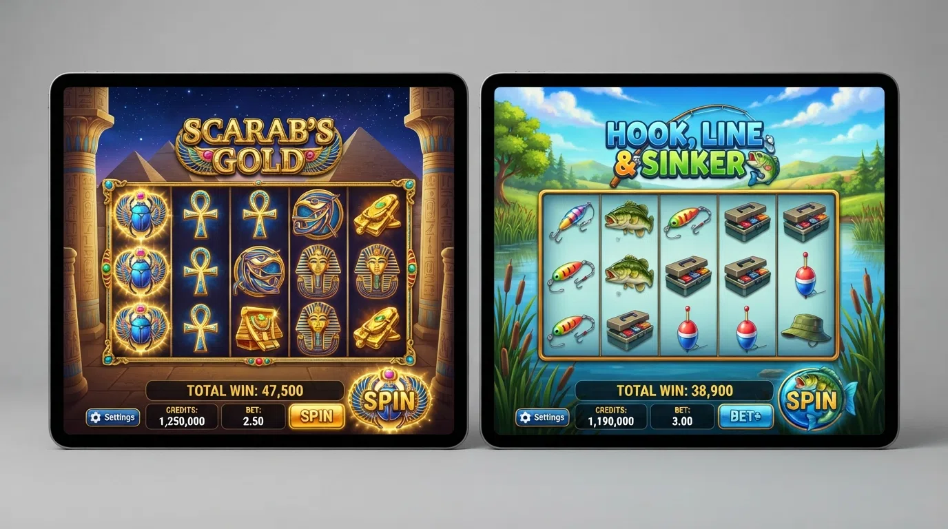 The Eye of Horus and Big Bass Bonanza slot game title screens side by side, showing the Egyptian-themed reels and the fishing-themed reels with their respective provider logos