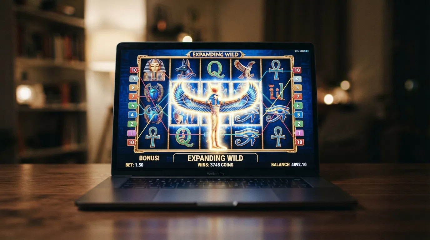 A screenshot of the Eye of Horus slot reels during a bonus round, showing the expanding wild feature and Egyptian-themed symbols in play