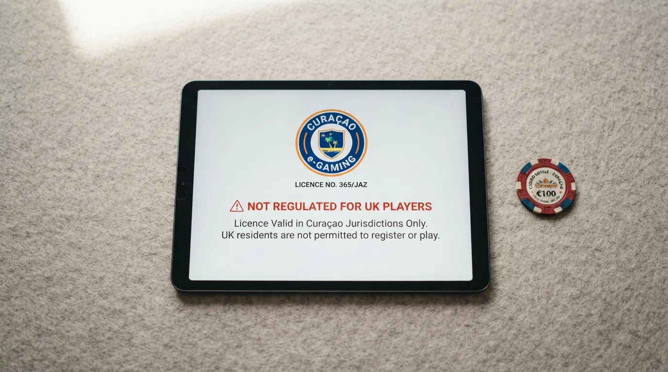 A visual summary of the featured operator comparison showing the licence badge for each operator's jurisdiction (Curaçao, Costa Rica), the welcome bonus amount with wagering multiple, and a prominent “Not on UKGC Register” marker beside each one.