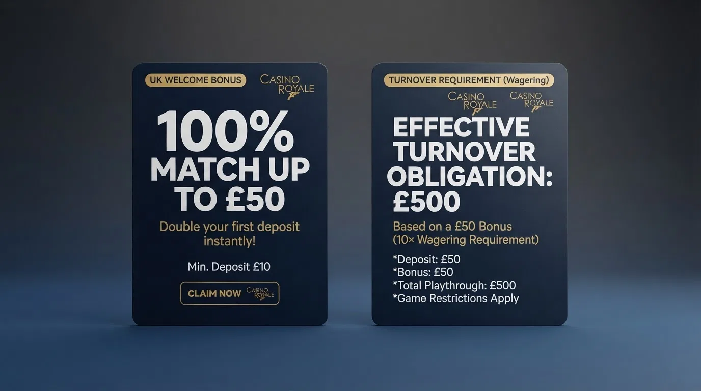 Two UK casino welcome bonus offers shown with their advertised headline value placed alongside the effective turnover obligation after a 10× wagering requirement is applied