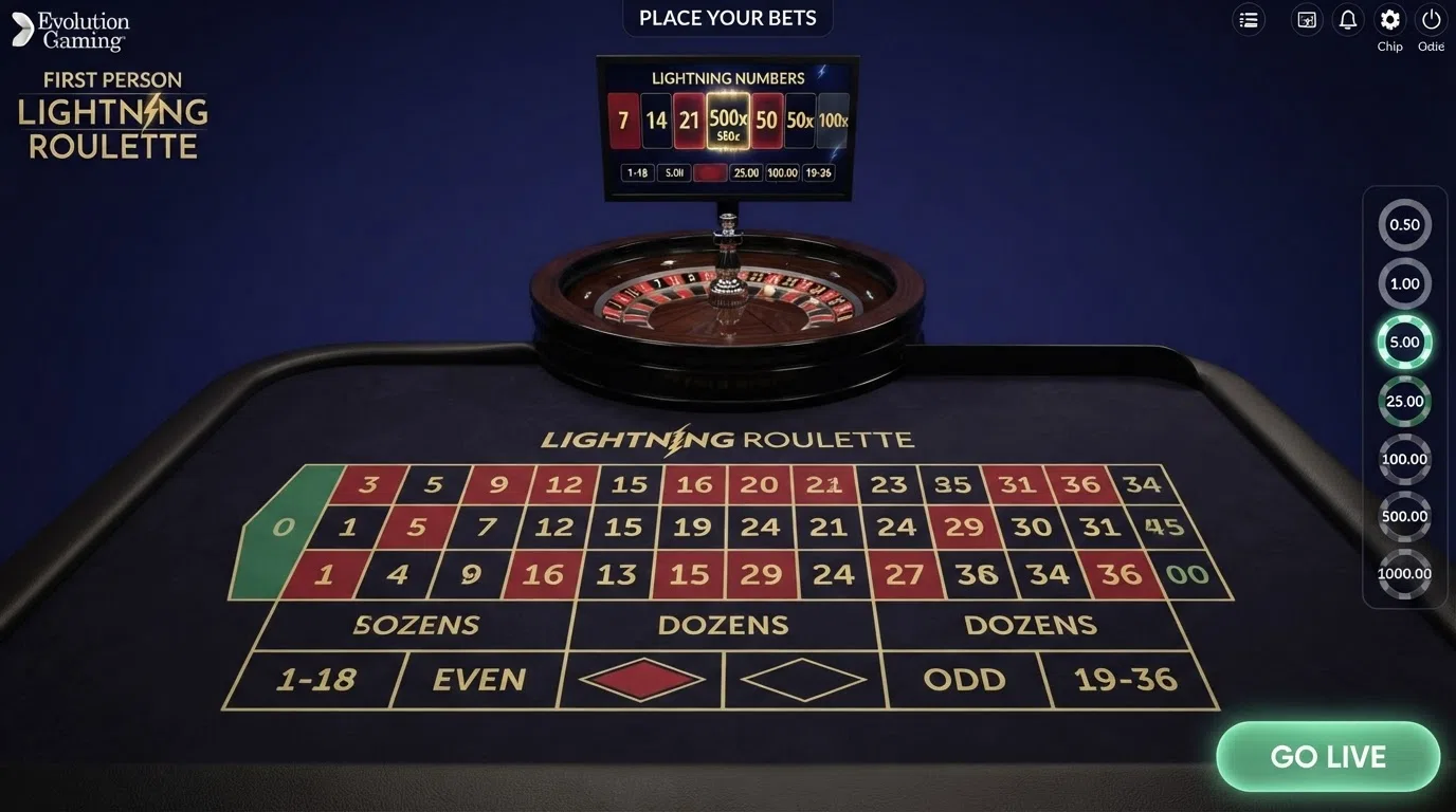 The 3D first-person view of Evolution's First Person Lightning Roulette interface showing the betting grid, chip selector panel and the green “GO LIVE” button in the bottom-right corner
