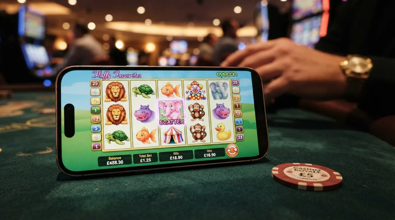 The Fluffy Favourites five-reel slot grid mid-spin, with the pink elephant scatter symbol visible, the claw-game bonus round open, and the 25-payline indicators lit