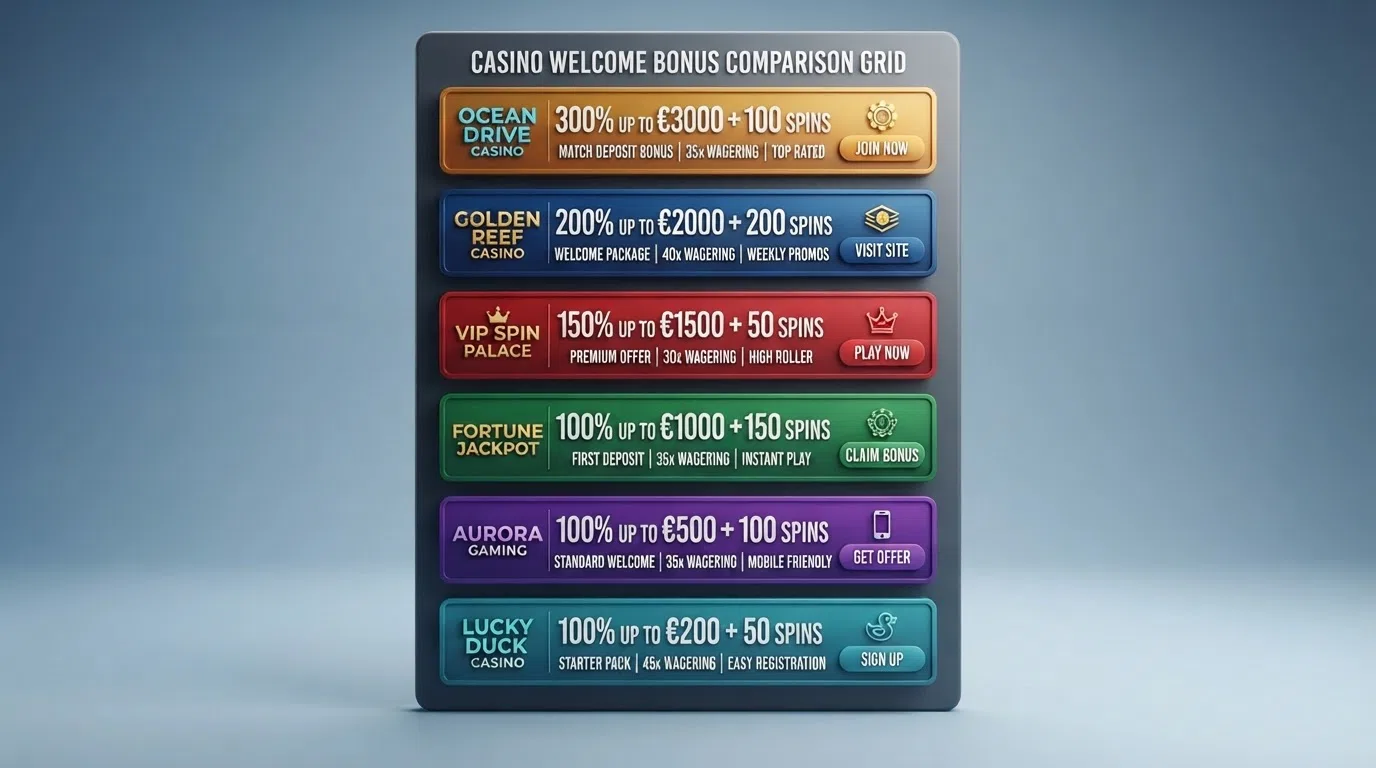 A visual grid of welcome-offer banners from the featured foreign casinos, showing percentage matches from 100% to 300% alongside free-spin counts, arranged in descending order of headline value.
