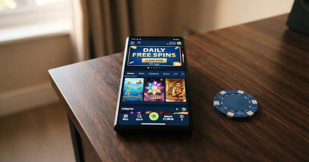 A smartphone screen showing a UK online casino lobby with a “Daily Free Spins” promotional banner and slot game thumbnails visible beneath it