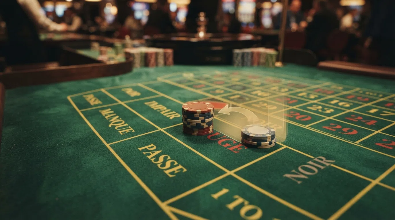 A close-up of an even-money bet area on a French Roulette table with a visual illustration of half the stake being returned on a zero result