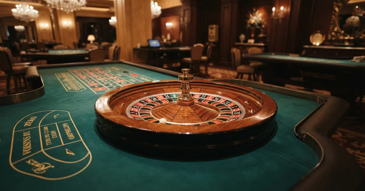 A single-zero French Roulette wheel in a casino setting with the racetrack betting layout visible beside the main felt