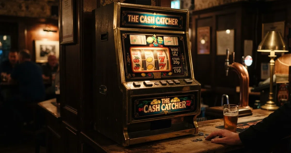 A classic British pub fruit machine cabinet with illuminated reels showing cherries, lemons and sevens, shot against a warm pub interior background