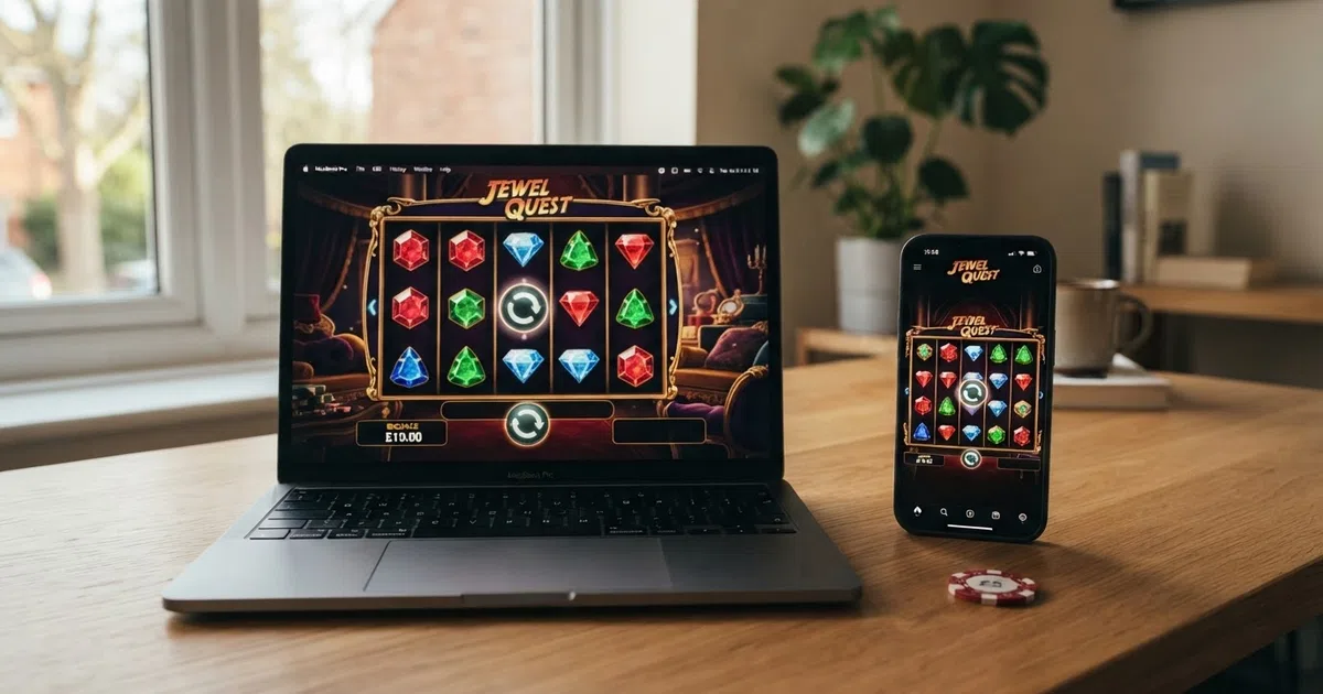 A smartphone beside a laptop, both showing the same five-reel online slot with a spin button and a balance display