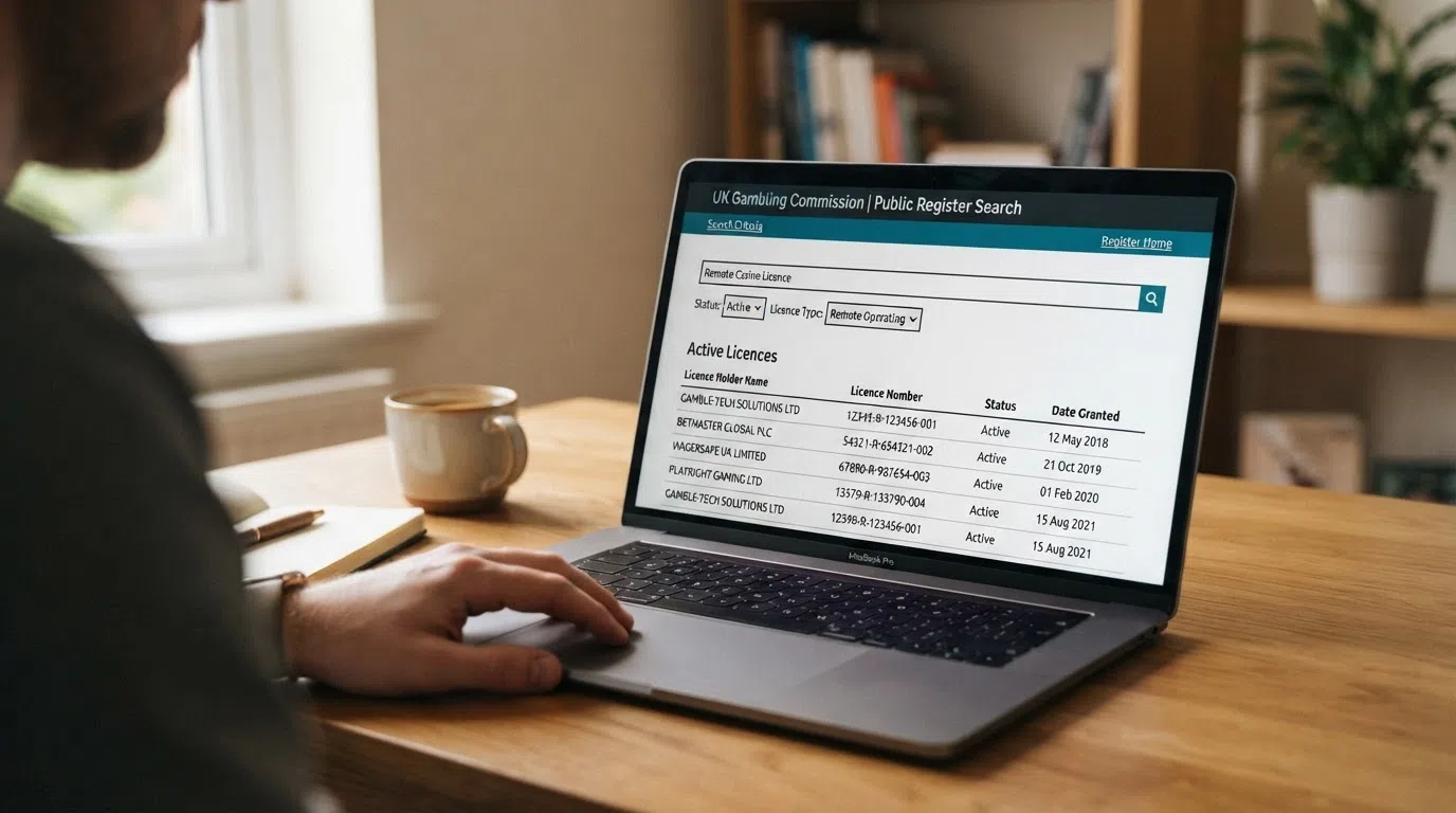 A close-up of a UK Gambling Commission public-register search result on a laptop screen, showing an active casino remote operating licence entry