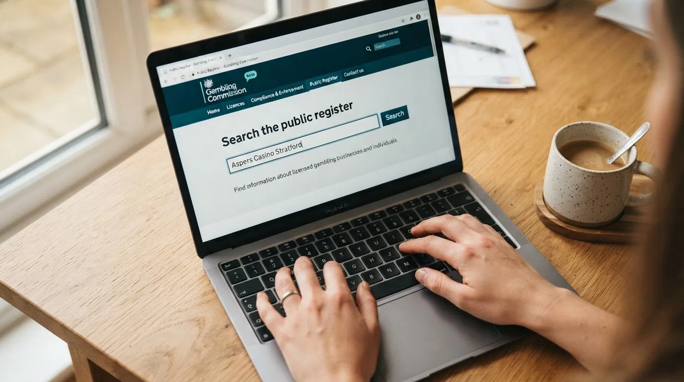 A laptop screen displaying the Gambling Commission's public register search page with a casino name typed into the search field