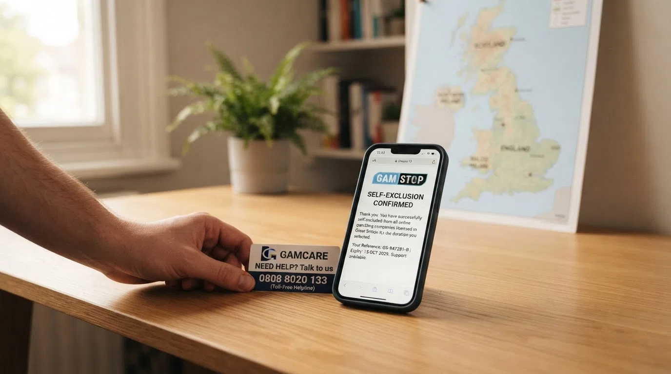 A smartphone showing the GAMSTOP self-exclusion confirmation screen next to a GamCare helpline card, with a UK map in the background