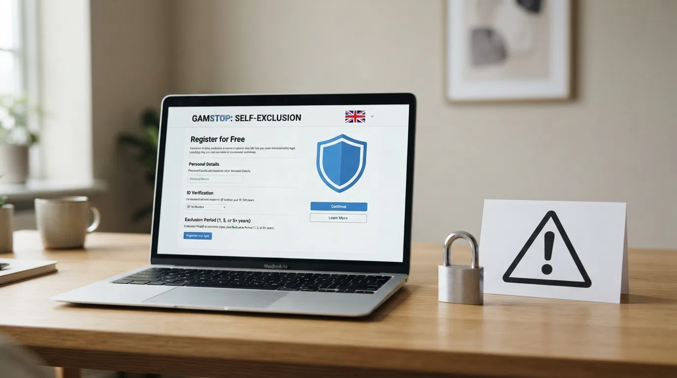 A laptop screen showing the GamStop registration page next to a padlock icon and a warning symbol