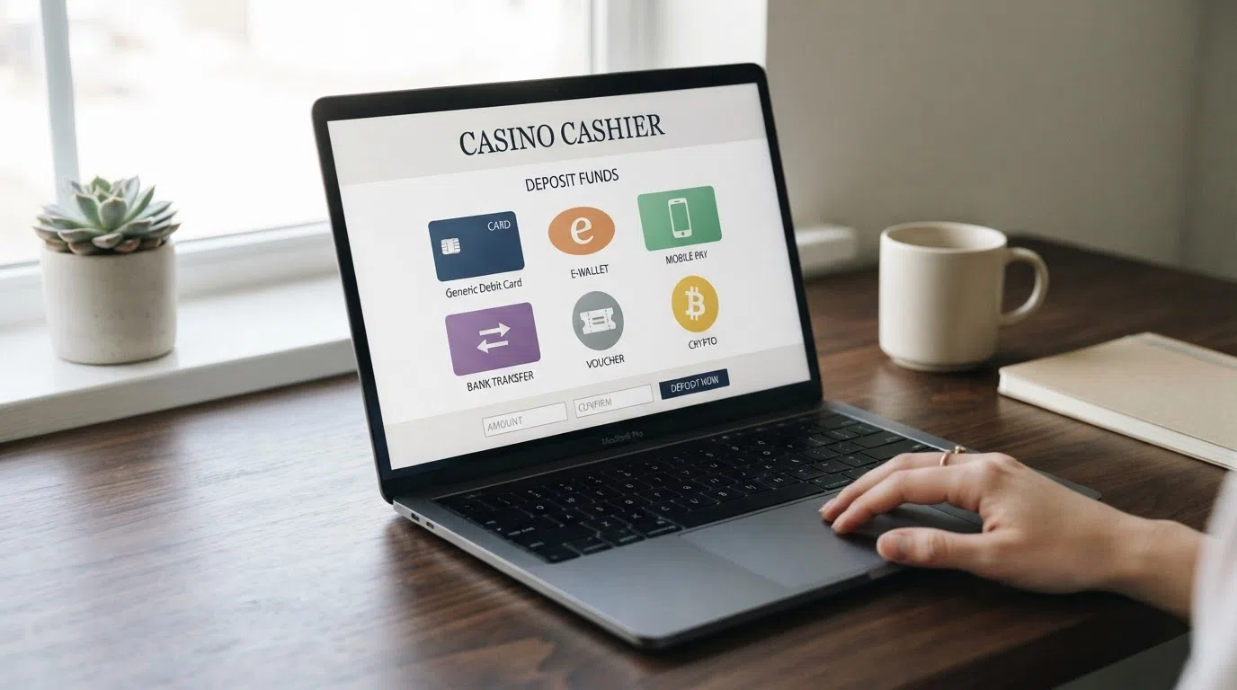 A desktop view of a casino cashier page showing multiple payment-method icons including debit card, PayPal, Skrill and Apple Pay